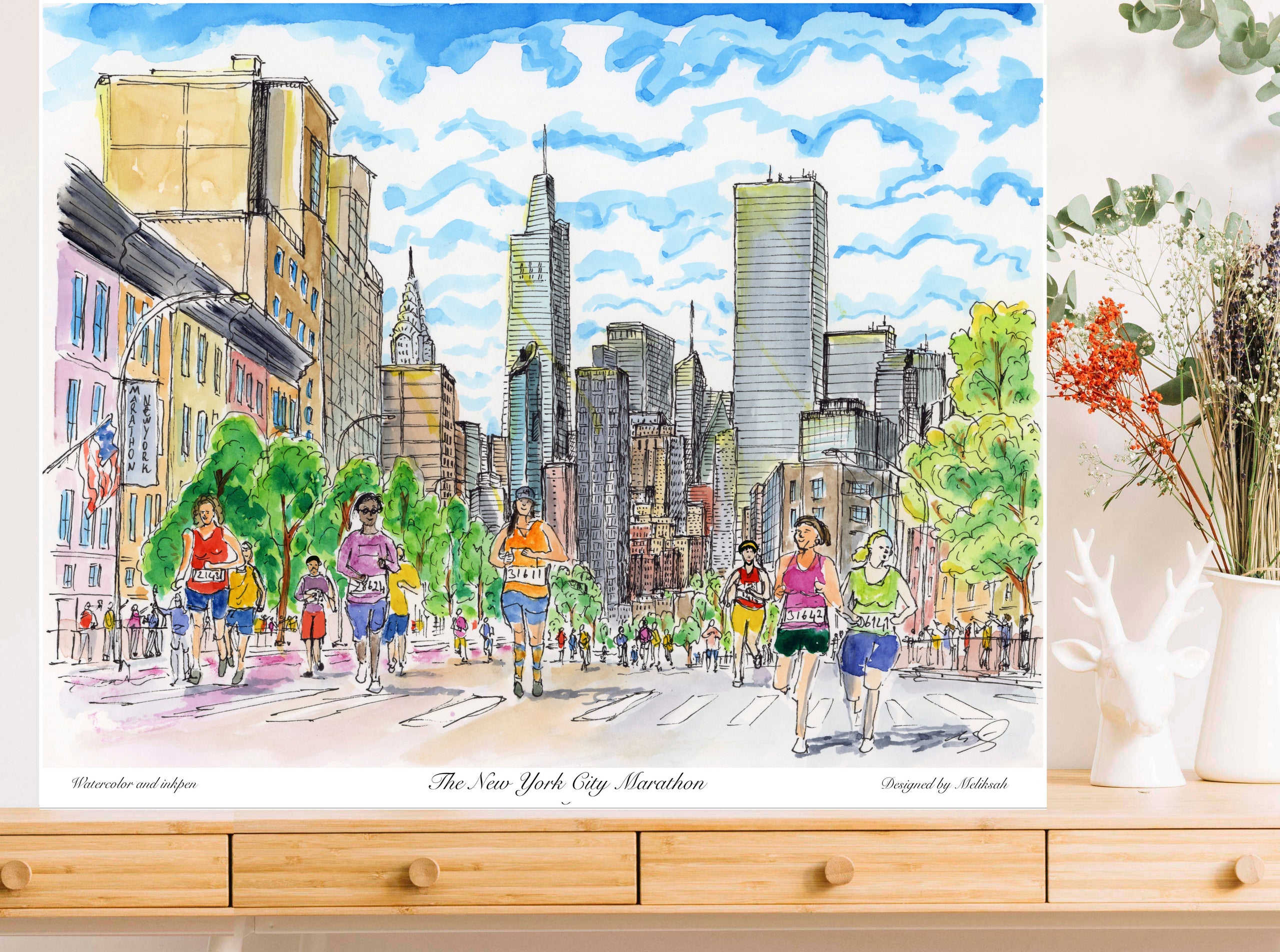 New York marathon, marahton watercolor,New York marathon drawing